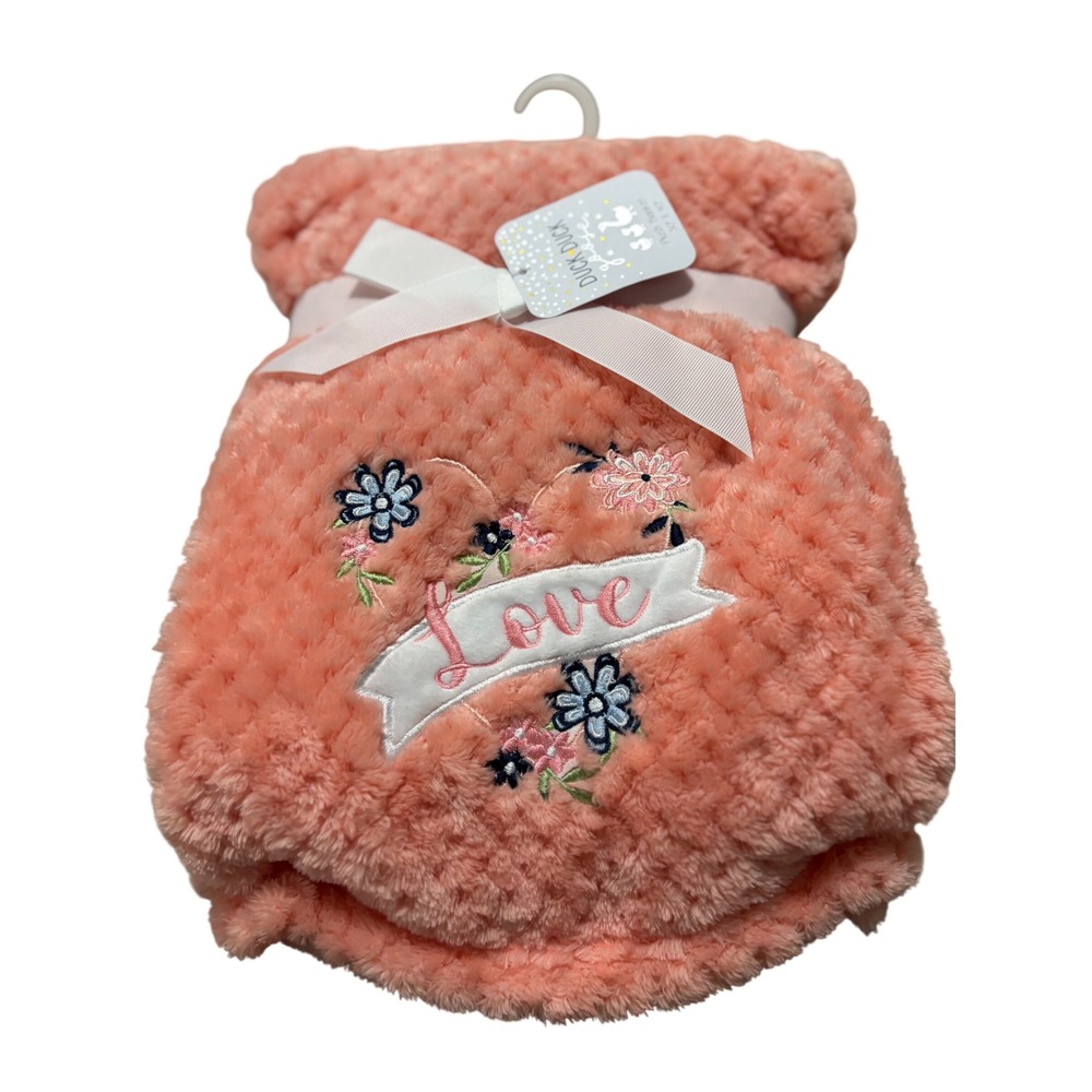 Duck Duck Goose Plush‎ Baby Blanket Coral Pink Embroidered Love Floral 30x40 NWT